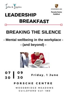 Flyer of Leadership Breakfast talk in Guildford on Mental Health in the Workplace