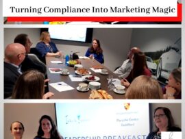 Photo of Simona Hamblet, Victoria Simpson, and Anne Renshaw at a leadership event with the titleTurning Compliance Into Marketing Magic!