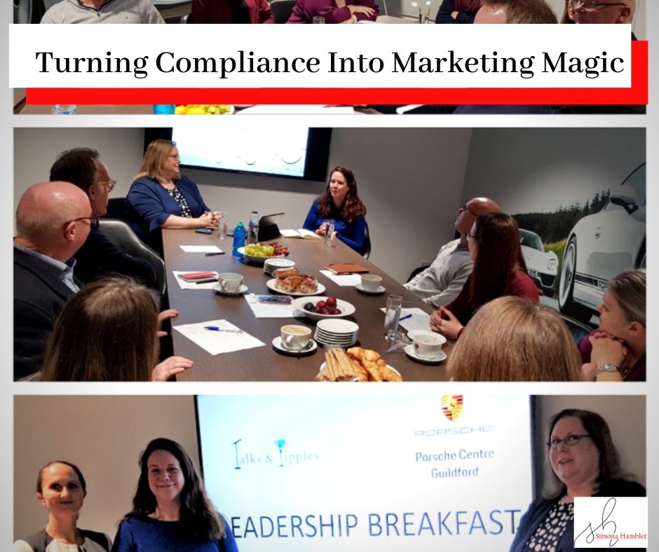 Photo of Simona Hamblet, Victoria Simpson, and Anne Renshaw at a leadership event with the titleTurning Compliance Into Marketing Magic!