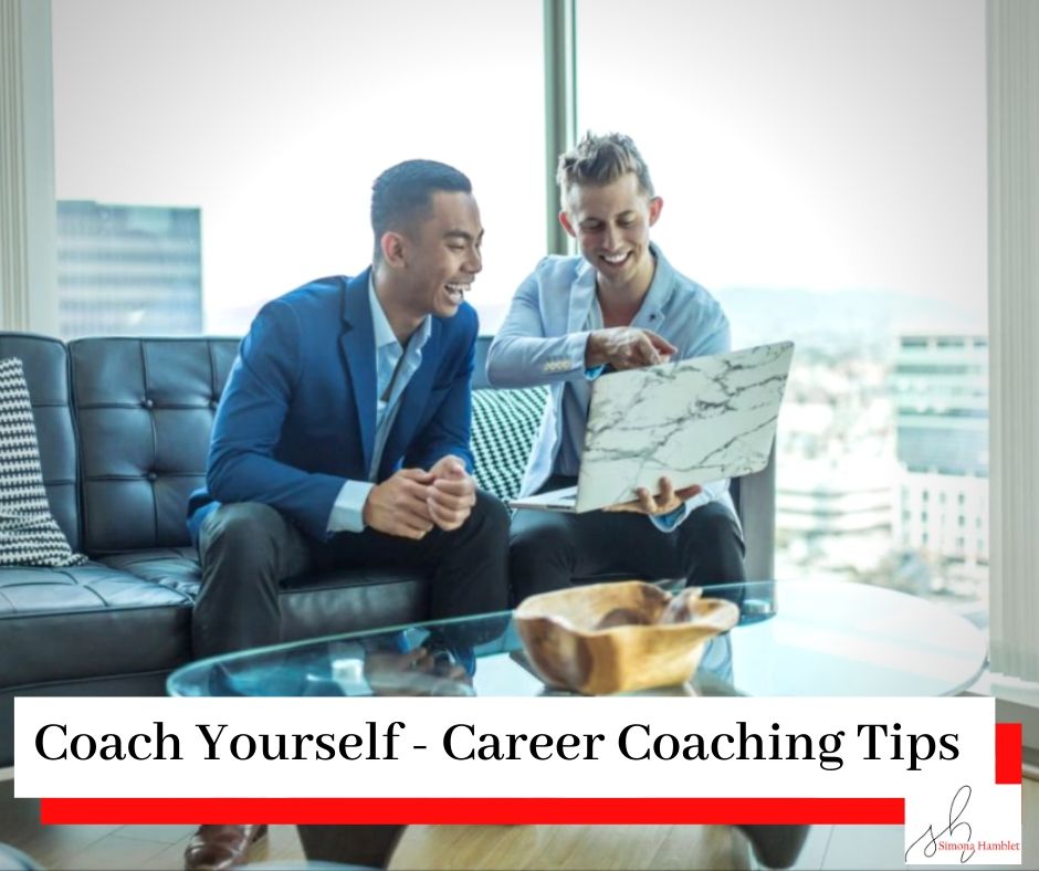 Female and male sat on a sofa talking over a laptop in a work environment with a title Coach Yourself - Career Coaching Tips