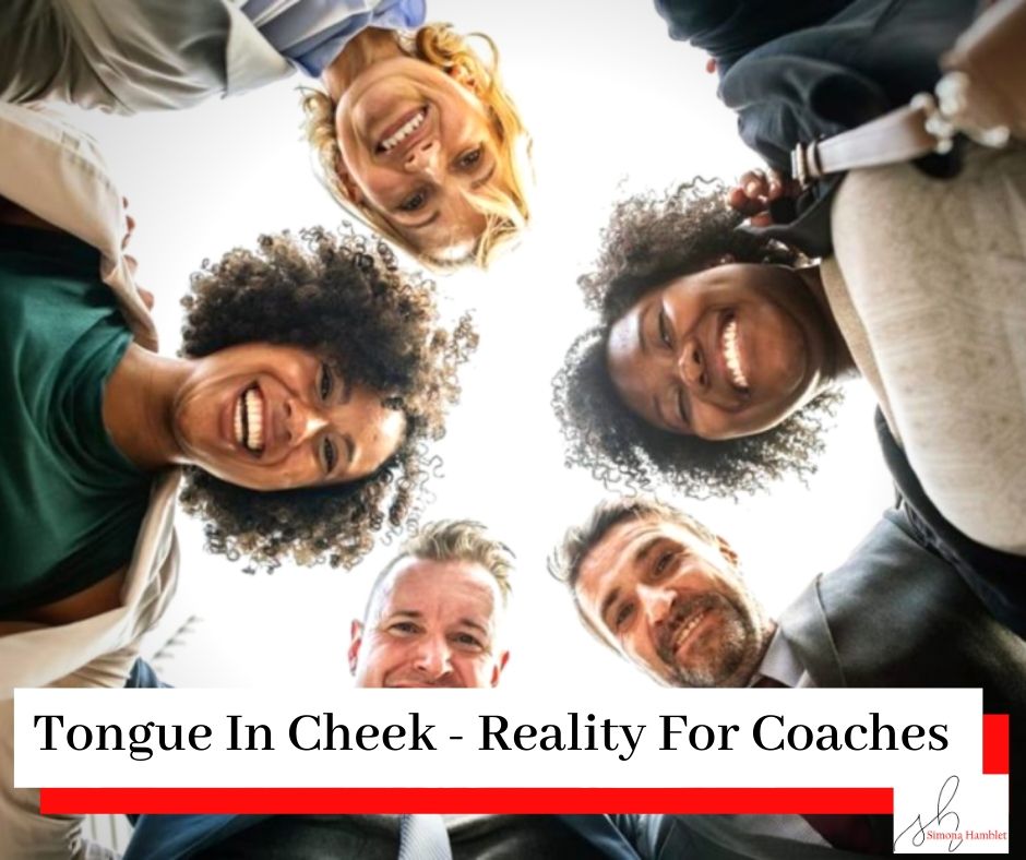 A group of women and men in suits look down at the camera in a circle with the title The Joy (Or Reality) Of Becoming A Coach