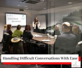 Photo of Simona Hamblet presenting at a leadership event on Handling Difficult Conversations With Ease