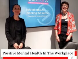 Photo of Simona Hamblet and Amanda Robinson (Mental Health First Aid Trainer) at a leadership event with the title Positive Mental Health in the Workplace