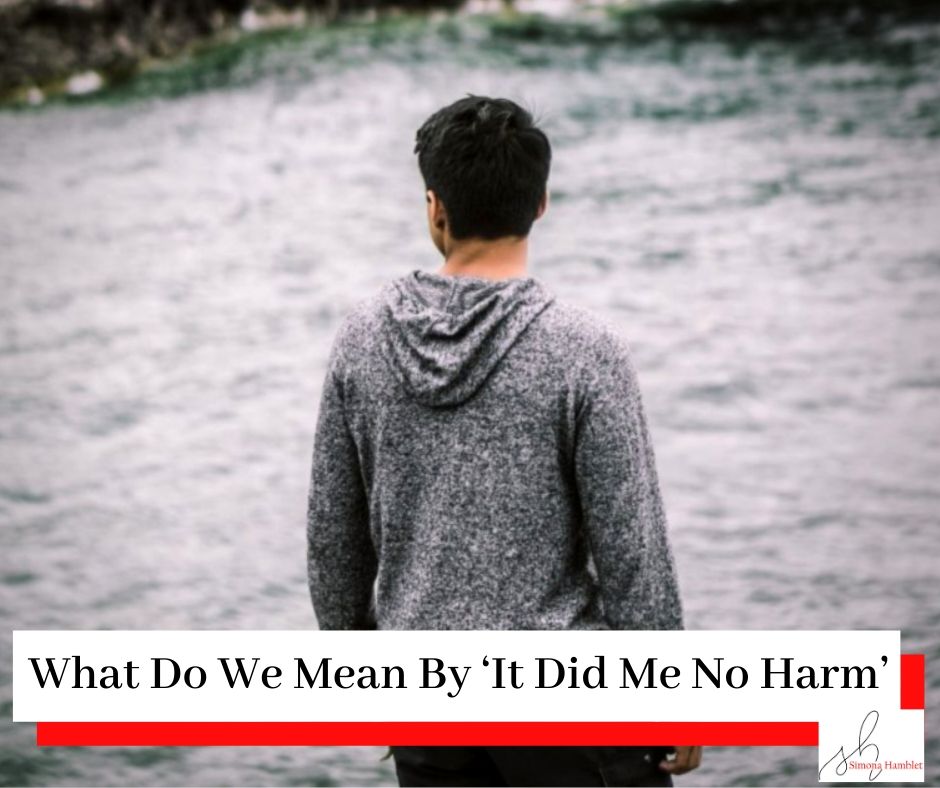 Man in grey sweatshirt looking out over the water with a title What Do We Mean By ‘It Did Me No Harm’