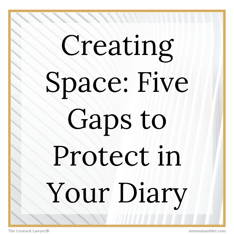 A gold frame with the words "Creating Space: Five Gaps to Protect in Your Diary”, with a faded background of a white wall of tiles.