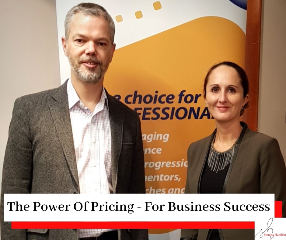 Mark Peacock and Simona Hamblet in front of an EMCC banner with the title The Power Of Pricing - For Business Success