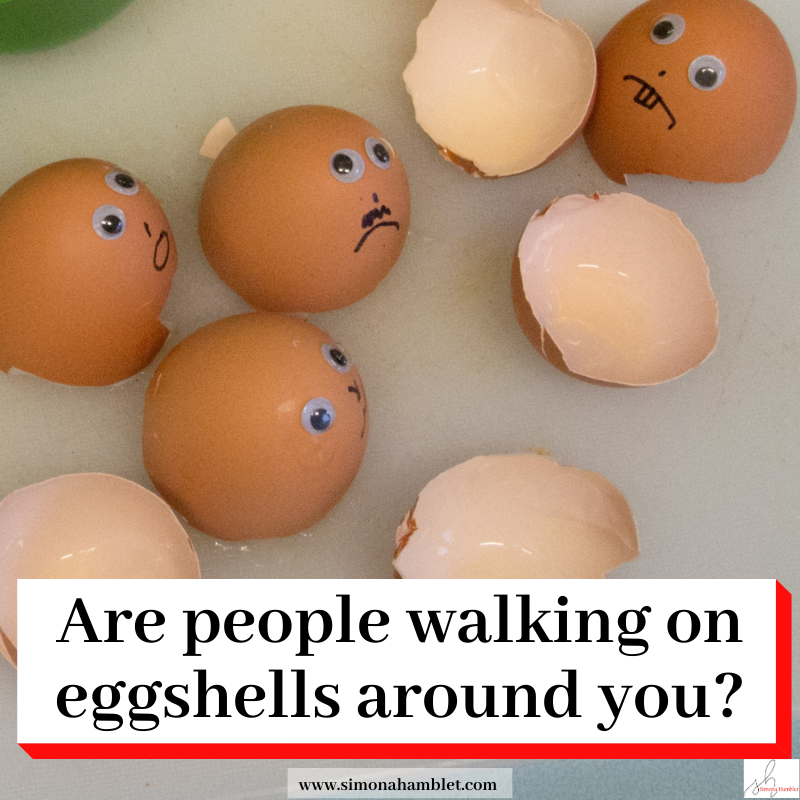 Eggshells with unhappy faces with the heading Are people walking on eggshells around you?