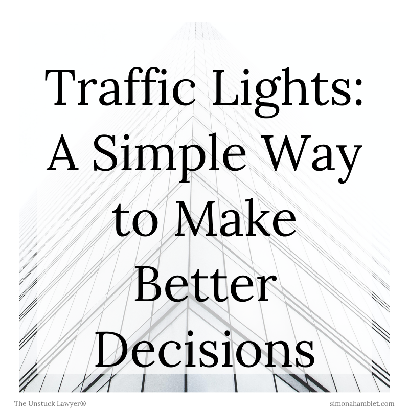 A gold frame with the words "Traffic Lights: A Simple Way to Make Better Decisions", with a faded background of an office building in white.