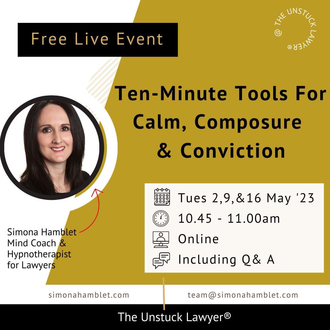 Ten Minute Tools for Calm, Composure, & Conviction for Lawyers with an image of Simona Hamblet and the times (10:45am)