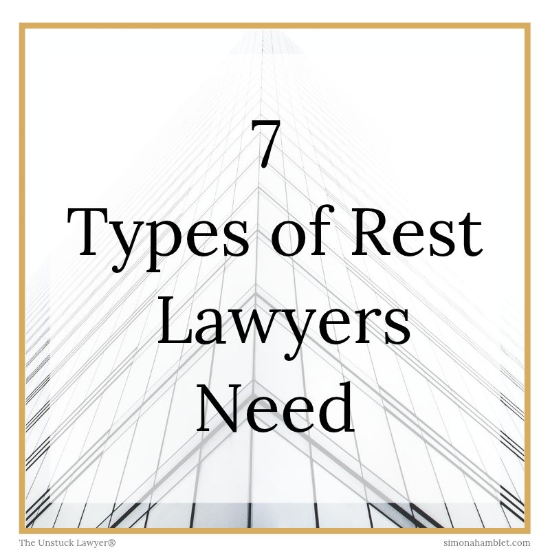A gold frame with the words 7 Types of Rest Lawyers Need, on a faded white background of an office building.